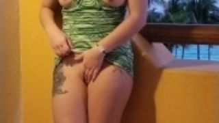 Exhibitionist cuckold cougar takes off and Plays With Herself on motel Balcony