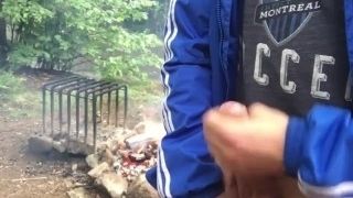 Outdoor public camping fap my phat schlong in front of fire with jizz flow
