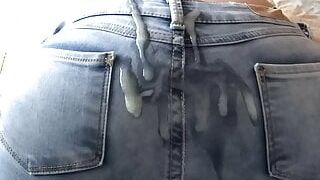 The son of the maid makes a superb jizz flow on my wife's arse with her denim on