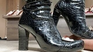 Horny dominatrix Lara stomps on a ginormous chisel. Podophilia and shoe fetish
