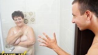 Unshaved plumper grandma Waiting For Her Toyboy In The bathroom