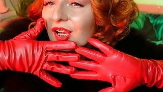 FUR and long red leather gloves ASMR video close up with Arya