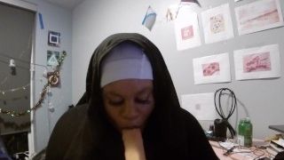 Crazy Nun deep throats fake penis