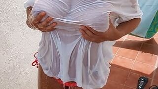 Watch my cougar wifey take a douche outside to fabulous down in the scorching summer sun with watch thru moist tee-shirt - fledgling exhibitionist