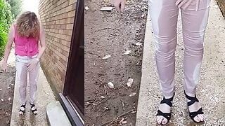 Mature MILF Pissing in my trousers pants on the doorstep