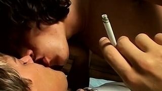 Wild queer chap cannot stop smoking whilst teasing his pecker