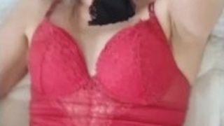 Beautiful wife in SEXY red lingerie ðŸ‘… Teasing her SOAKING WET pussy with her vibrator ðŸ’¦