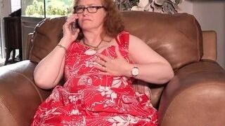 53yo Mature amateur bbw redhead Fiona has phone intercourse in tights & Garters