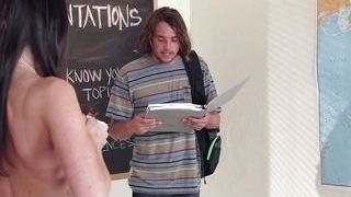 Huge-titted tutor fellates A Student's knob