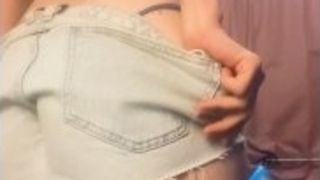 Ash-blonde cougar phat ass white girl in daisy duke cutoffs jiggles six pack jiggles her obese booty