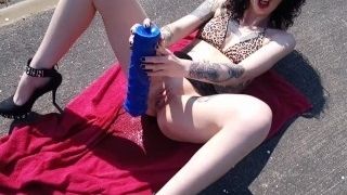 'Crazy slut pisses on the street and fucks herself on the sidewalk with a big dildo till she squirt'