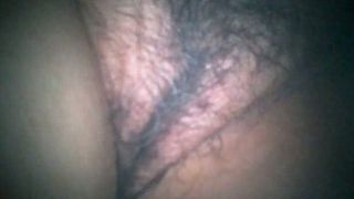 Closeup view of my sleeping BBW wife's wet hairy puffy pussy