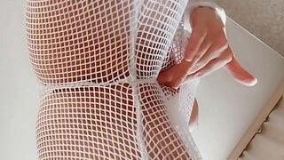 Stepmom with big tits masturbates pussy in transparent pantyhose. Juicy pussy makes wet sounds. Horny and desperate hous