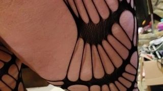 BBW putting on sexy crotchless stockings
