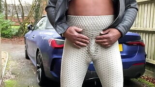 Unexperienced crossdresser Kellycd2022 wonderful cougar urinating in my stretch pants and milking my sissy gurl weenie on my driveway