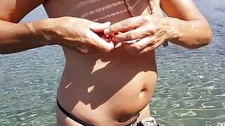 Nipringlover insane cougar extraordinary pierced nips and labia, switching nip rings at public beach